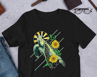 Cool Turtle Lover Unisex T-Shirt | Cute Turtle Sunflower | Awesome Turtles Flower Design