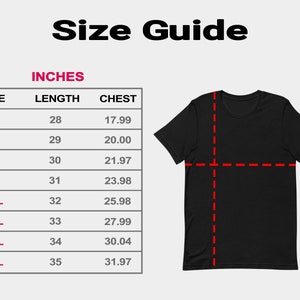 May include: Size guide for a t-shirt in inches. The chart shows the length and chest measurements for sizes S through 5XL.