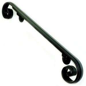 May include: Black metal handrail with scrollwork details at each end. The handrail is approximately 36 inches long.