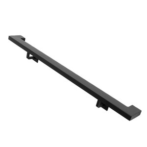 May include: Black metal handrail with two brackets. The handrail is straight and has a square shape.