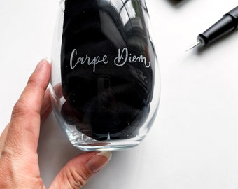 Customizable Hand Engraved Stemless Wine Glass