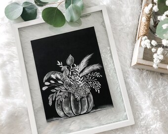 Dry Leaves and Flowers Pumpkin Chalkboard Design Print | Fall Chalkboard Print | Hand Drawn | Botanical Print