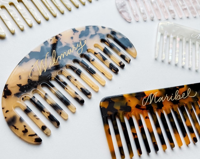 Hand Engraved Wide Teeth Acetate Comb | Personalized Gift for Bridal Party, Bridesmaids, Mother’s Day