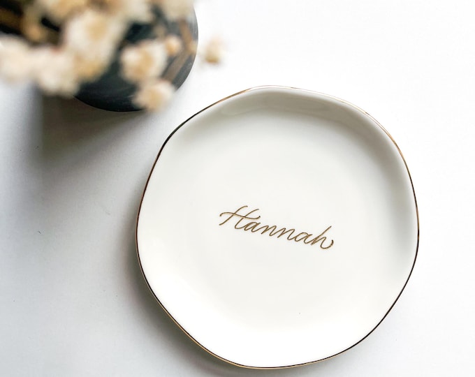 Hand Engraved Ceramic Jewelry Tray with Golden Rim