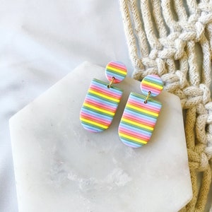 Rainbow Stripe Dangle | Rainbow Earrings, Polymer Clay Earrings, Handmade Earrings, Statement Earrings, Pastel Earrings, Rainbow Earrings,