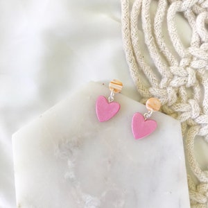 Heart Shimmer Dangle | Heart Earrings, Polymer Clay Earrings, Handmade Earrings, Statement Earrings, Pink Earrings, Minimalist Earrings