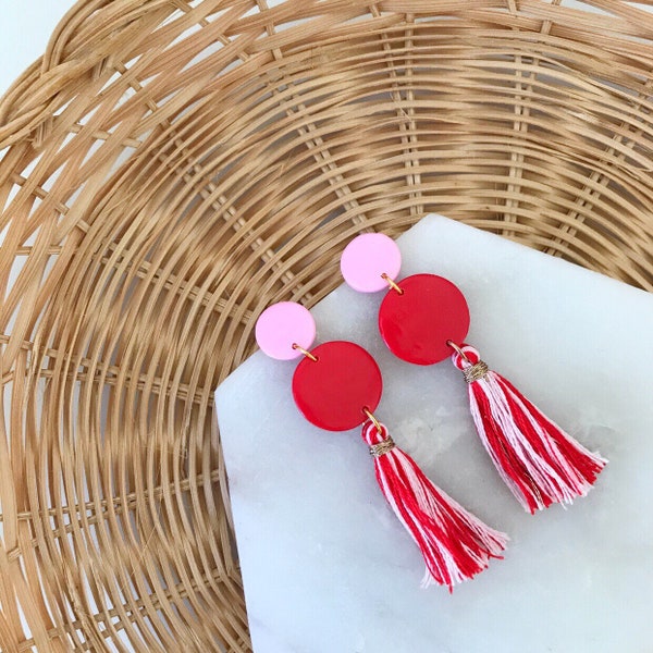 Red Pink Tassel Dangle Earrings, Polymer Clay Earrings, Handmade Earrings, Statement Earrings