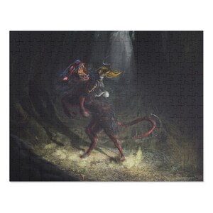 May include: A jigsaw puzzle featuring a fantasy scene of a warrior riding a red creature. The warrior has long blonde hair and is holding a weapon. The creature has a long tail and is in a dark forest setting.