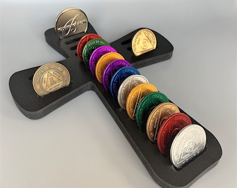 Curved Religious Cross AA Chip Holder, NA Coin Holder, Sobriety Gift, Recovery Gift, Gift for Alcoholic, Recovery Medallion, AA Chip Display