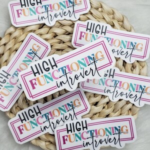 Könnte beinhalten: Eine Sammlung weißer Aufkleber mit dem Text "HIGH FUNCTIONING introvert" in Schwarz, Rosa, Orange und Türkis. Der Text befindet sich in einem rosa-weißen rechteckigen Rahmen. Die Aufkleber sind auf einer gewebten, hellbraunen Oberfläche angeordnet.