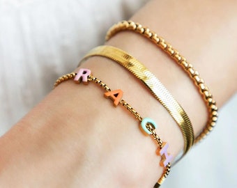 Custom Name Bracelet,Gold Name Bracelet,Personalized Enamel Letter Bracelet,Initial Letter Pendnat Bracelet,Personalized Gifts For Her