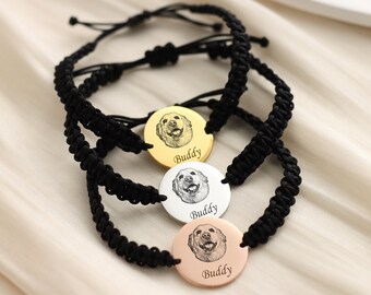 Personalized Pet Photo Bracelets, Custom Pet Name Pendant ,Engraved Pet Portrait Bracelet,Braided Rope Charms,  Pet Loss Memorial Jewelry