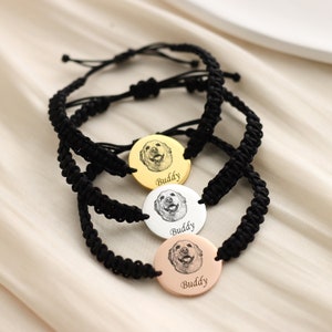 Gepersonaliseerde armbanden met foto huisdier, aangepaste hanger huisdiernaam, gegraveerde armband huisdier portret, gevlochten touw bedels, herdenkingssieraden huisdier verlies