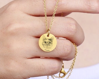 Pet Memorial Necklace, Custom Pet Portrait Necklace,Pet Name Pendant,Engraved Pet Photo Neckalce,Gift For Her