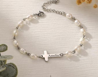 Custom Engraved Cross Bracelet, Meaningful Name Pearl Jewelry, Personalized Name Gift for Mom/Sister