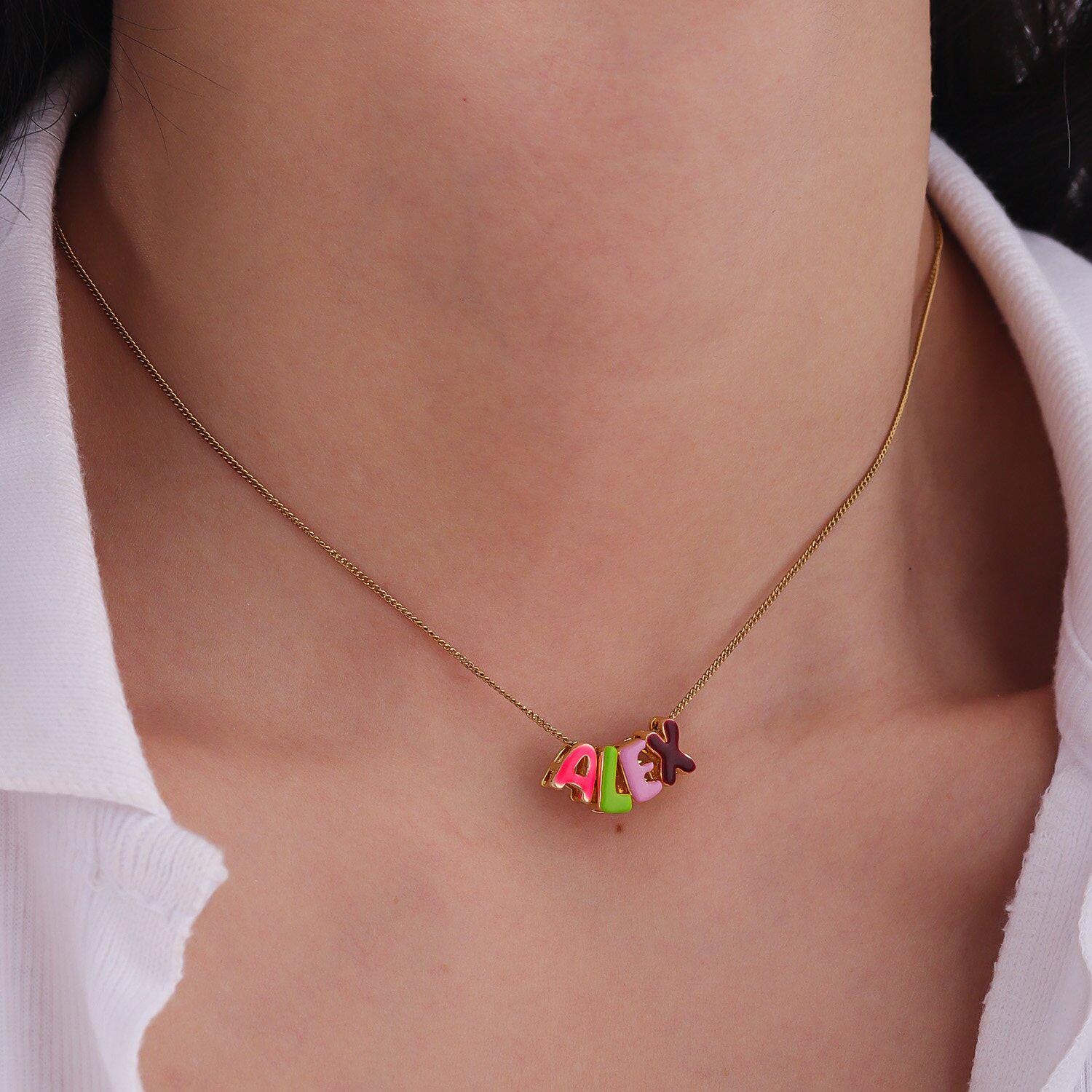 Candy Color Enamel Name Necklace For Girls ,Custom Colorful Bubble Letters Name Pendant ,Enamel Letter Necklace For Her,Valentines Day Gift