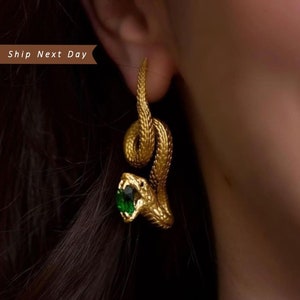 Snake Drop Earrings • Unusual Earrings • Golden Nano Lab Emerald Snake Earrings For Women • Pair Earring Snake Stud Earring•Gifts for Her
