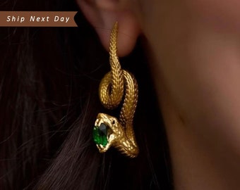Snake Drop Earrings • Unusual Earrings • Golden Nano Lab Emerald Snake Earrings For Women • Pair Earring Snake Stud Earring•Gifts for Her