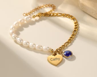 Personalized Heart Birthstone Bracelet, Engraved Name Jewelry, Minimalist Pearl Chain
