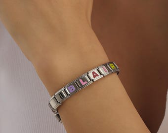 Personalized Italian Name Charm Bracelet, Custom Enamel Letters, Friendship Gift