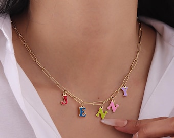 Collar con nombre esmaltado personalizado, joyería personalizada con clip para mujer, dijes de letras de burbujas de colores, atuendos de dopamina