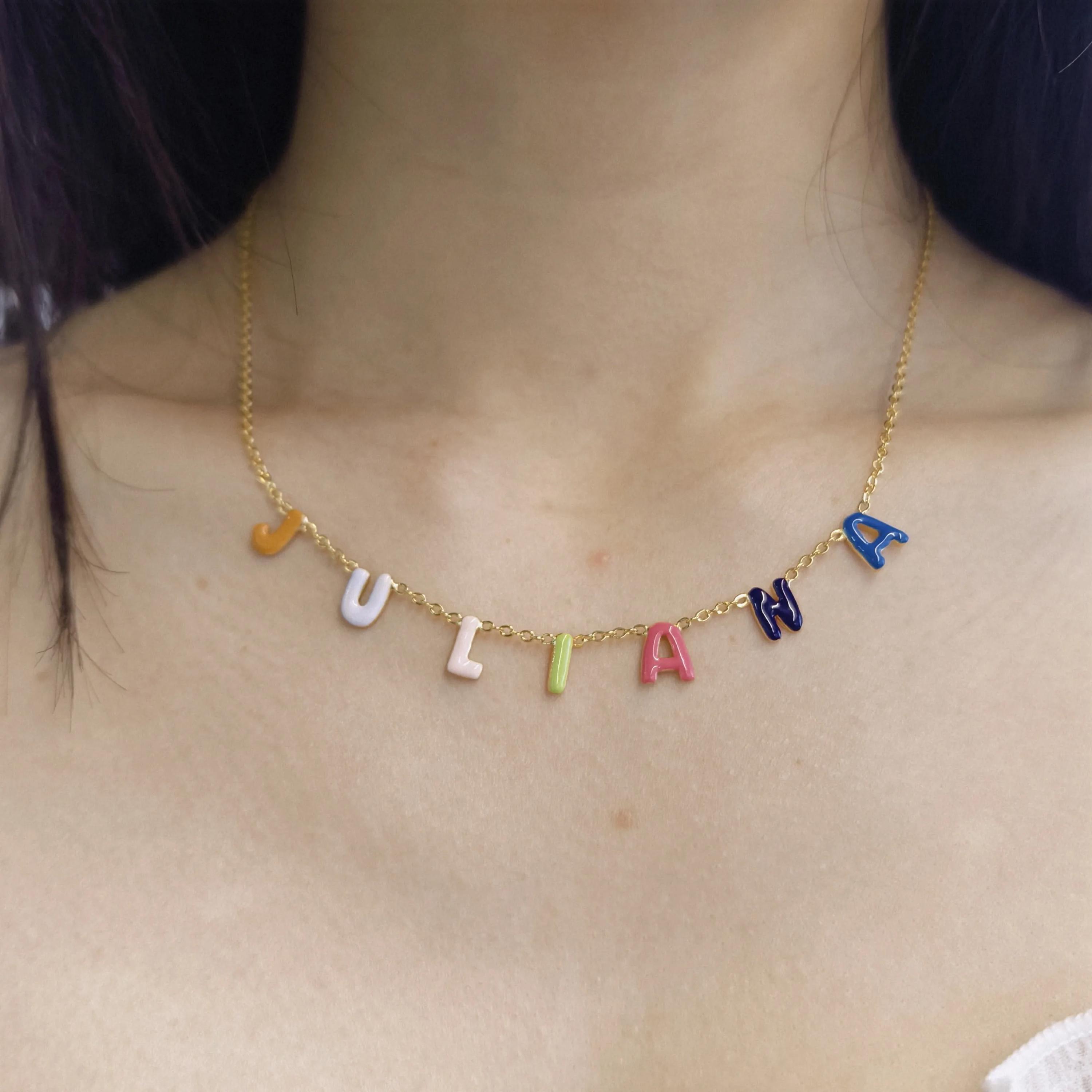 Personalized Enamel Silver Bubble Letters Name Necklace For Her
