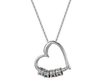 Personalized Engraved Bead Heart Necklace, Stainless Steel Birthstone Keepsake Jewelry