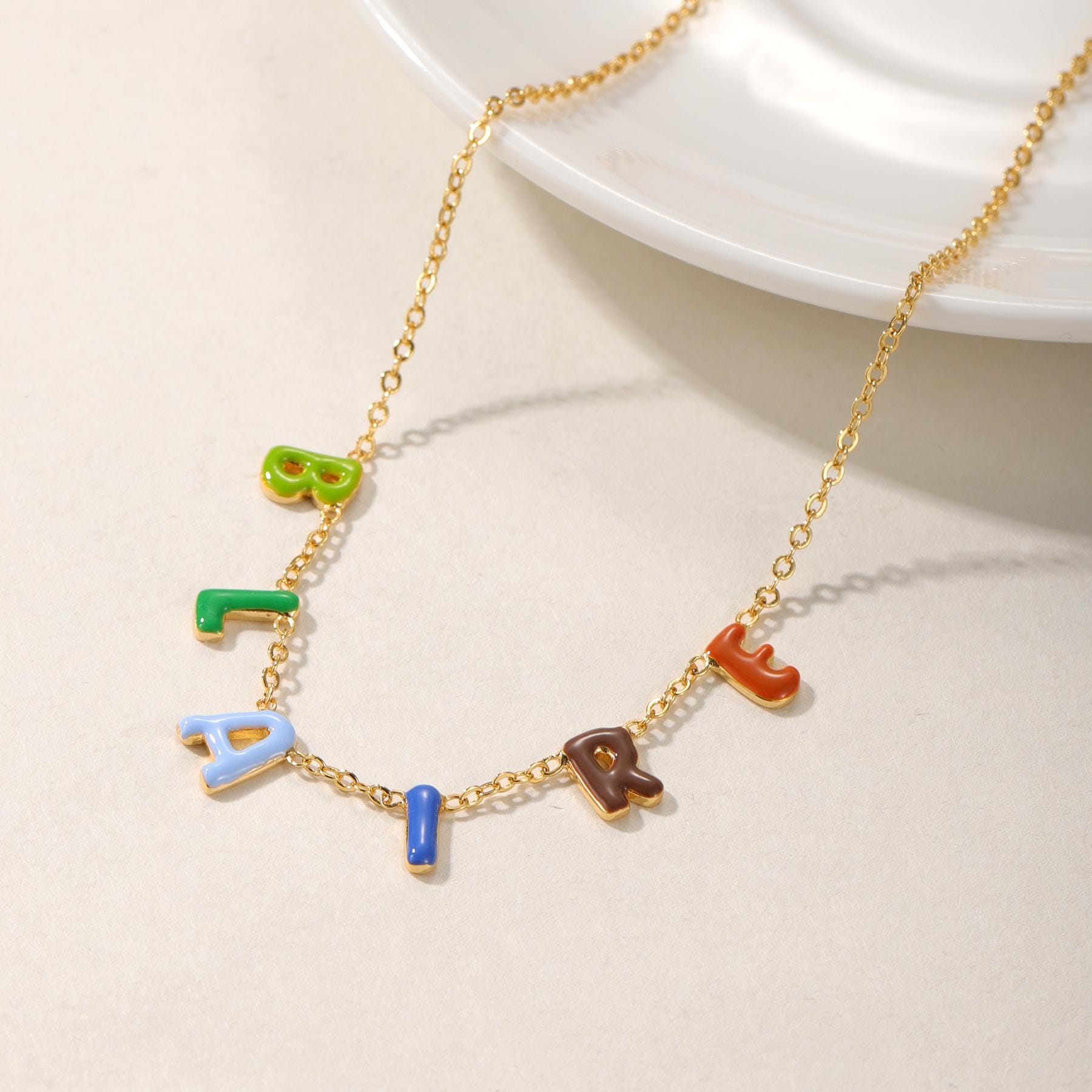 Personalized Enamel Silver Bubble Letters Name Necklace For Her