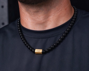 Custom Black Onyx Bead Necklace, Personalized Name Bar, Men's Jewelry