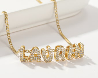 Collar de letras 3D de burbuja de diamante personalizado, collar inicial de burbuja, collar de nombre de diamante de oro personalizado, regalo del día de San Valentín para ella