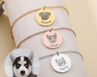 May include: Three silver necklaces with round pendants featuring engraved pet portraits and names. The pendants are gold, rose gold, and silver. The names on the pendants are "Emma", "Oliver", and "Molly".