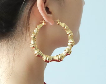 Bamboo Earring Hoop ,Small Medium Large Bamboo Hoop Earrings, Lightweight Bamboo Hoop Earrings, Statement Hoops, Chunky Gold Hoops