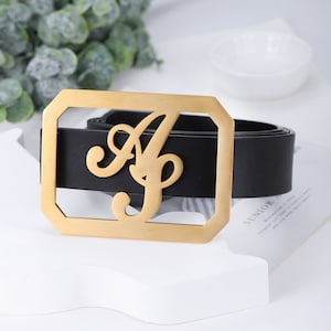 Hebilla de cinturón con inicial, cinturón con letras cuadradas personalizado, cinturón con alfabeto de la A a la Z personalizado, cinturón minimalista para él y para ella, regalos de aniversario