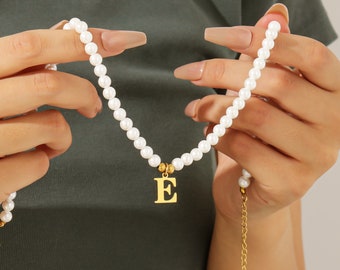Collar de perla con inicial personalizado para mujer, colgante de inicial del alfabeto A-Z personalizado en oro, gargantilla delicada con letra personalizada, regalo para mamá.