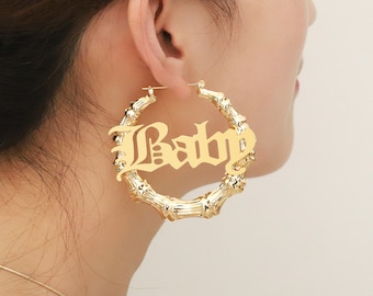 Custom Name Bamboo Earrings •Personalized Custom Name Earrings With Bamboo•Hoop Large Earrings • Heart Underline Earrings • Gift for Her