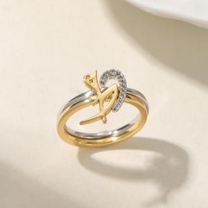 Bague double lettre personnalisée 3D pour cadeau islamique, Bague prénom 3D arabe dorée, deux bagues lettre arabe personnalisée pour femme, cadeau pour elle
