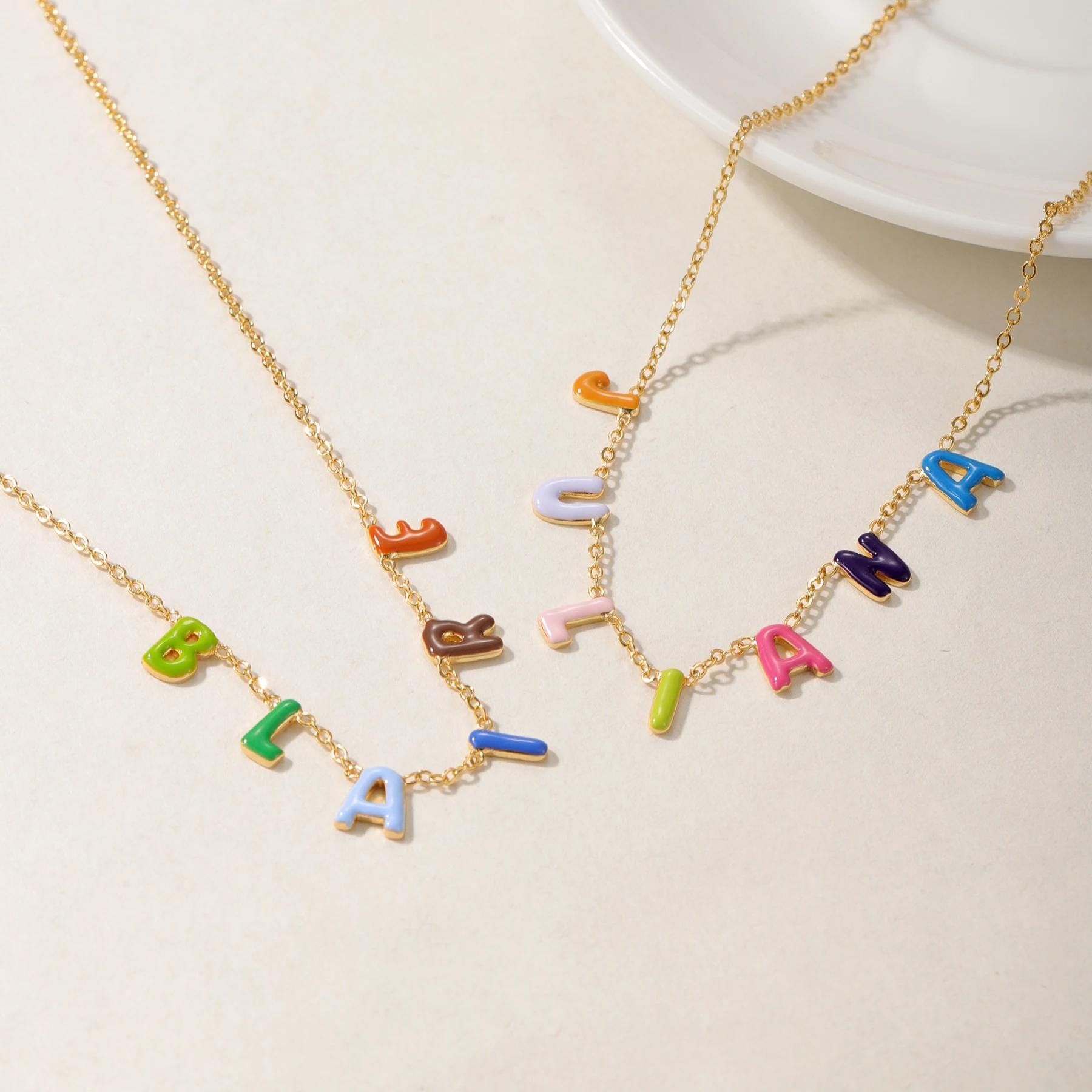 Personalized Enamel Silver Bubble Letters Name Necklace For Her