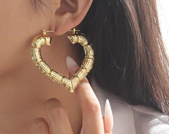 Heart Bamboo Hoop Earrings,Gold heart earrings,funky earrings for her,statement hoops,