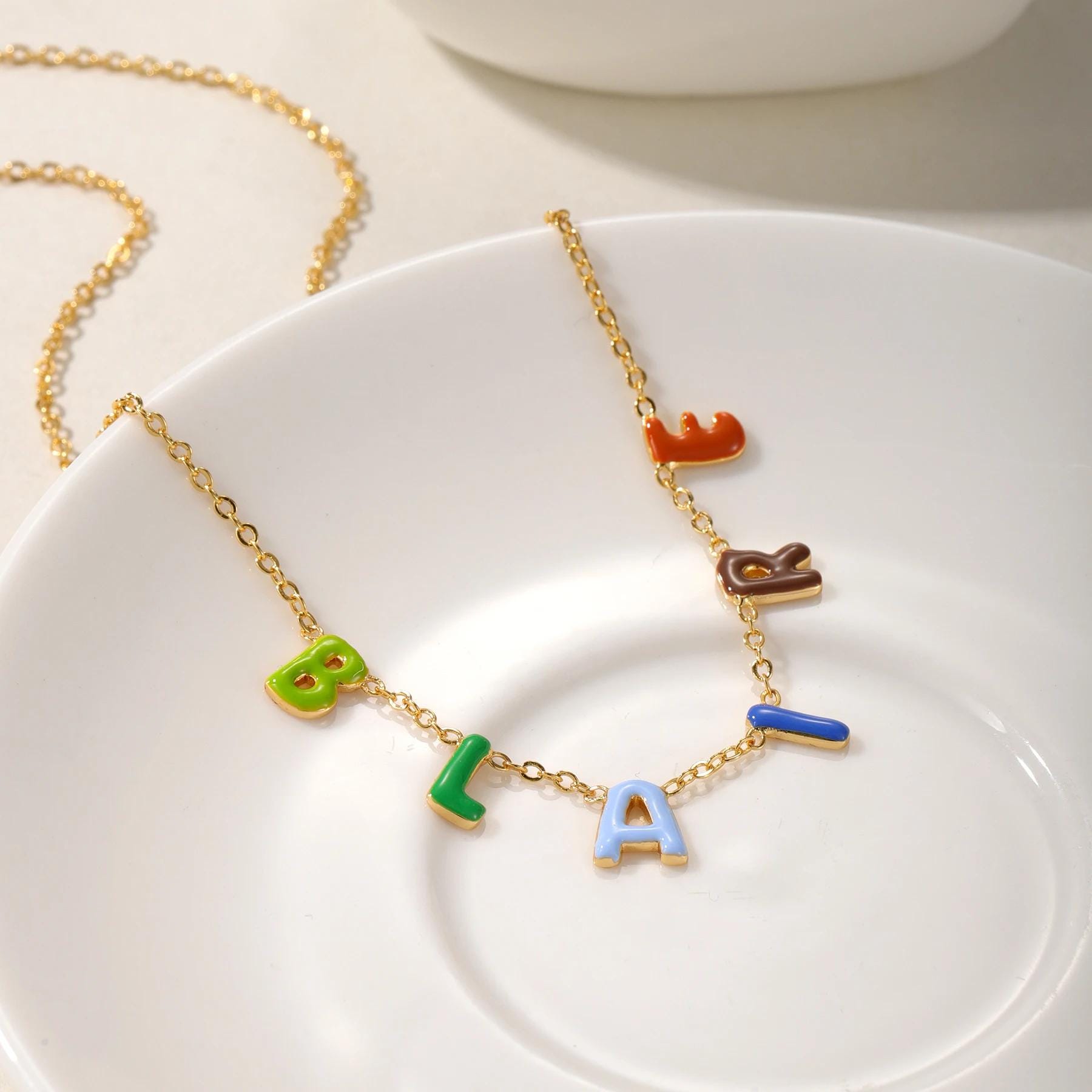 Personalized Enamel Silver Bubble Letters Name Necklace For Her