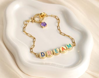 Custom Multicolor Enamel Letter Bead Bracelet, Personalized Name Bracelet with Birthstone Charm,bff necklace for 2,birthday gift for childs