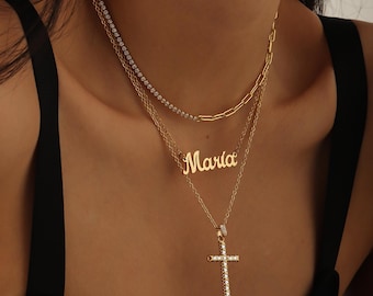 Personalized Name Cross Necklace, Layered Stainless Steel Jewelry