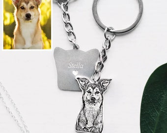 Sliver Pet Portrait Keychain,Personalized Pet Dog Memorial Keyring,Engraved Photo keychain,Custom Lover Gift,Pet Memorial Gift,Dog Keychain
