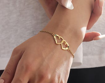 Personalized Double Heart Bracelet, Custom Engraved Name, Birthstone Jewelry