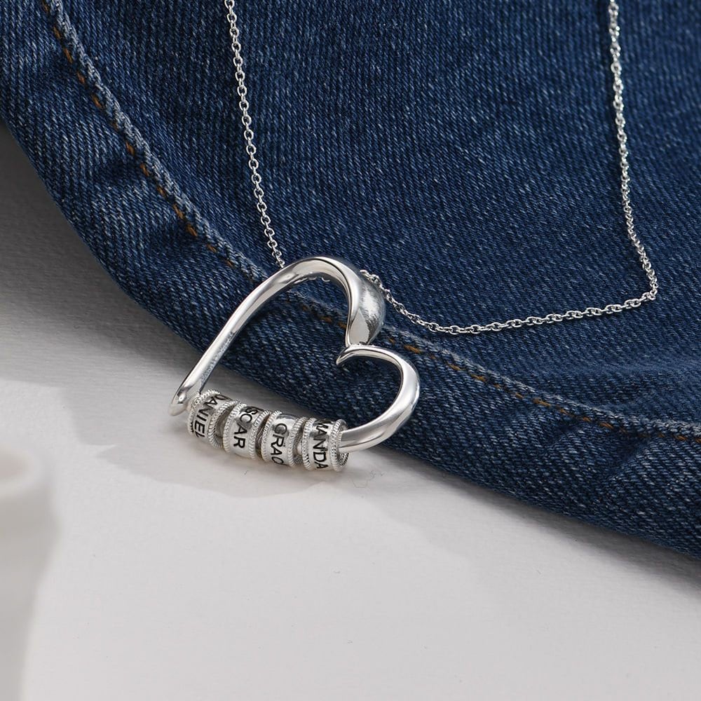 Charming Heart Necklace With Engraved Beads & 1CT Diamond In Sterling Silver 4