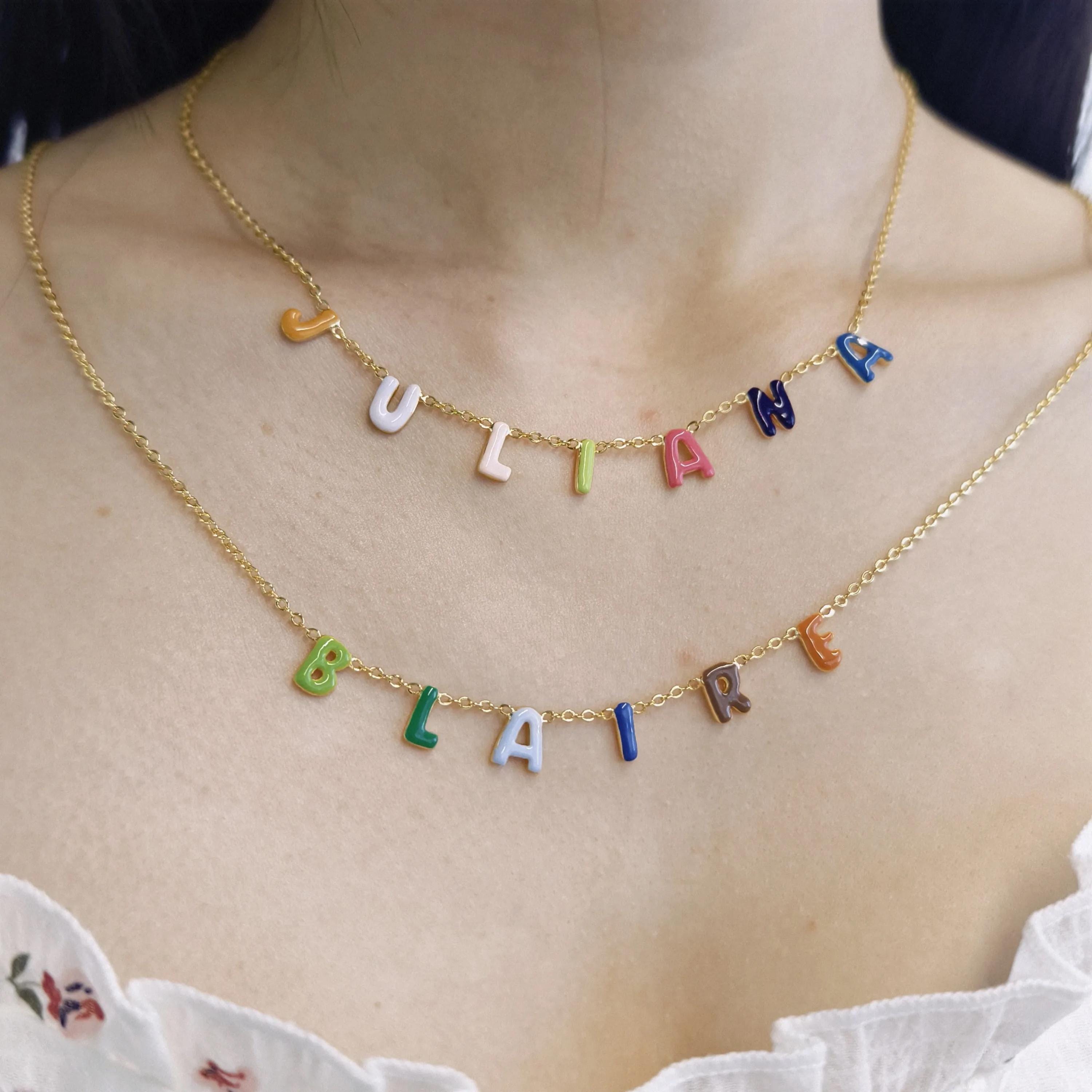 Personalized Enamel Silver Bubble Letters Name Necklace For Her