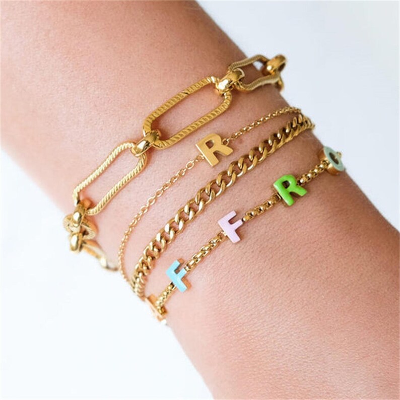 Custom Gold Name Bracelet, Enamel Initial Letter Charm, Personalized Gift image 3
