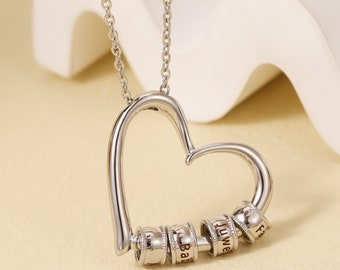 Charming Heart Necklace With Engraved Beads in Stainless steel ,Personalized Custom Name Necklace For Women,Family Jewelry,Mother&#39;s Day Gift