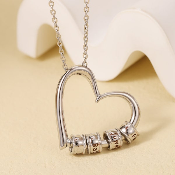 Charmant collier coeur avec perles gravées en acier inoxydable pour femme Collier prénom personnalisé pour la fête des Mères