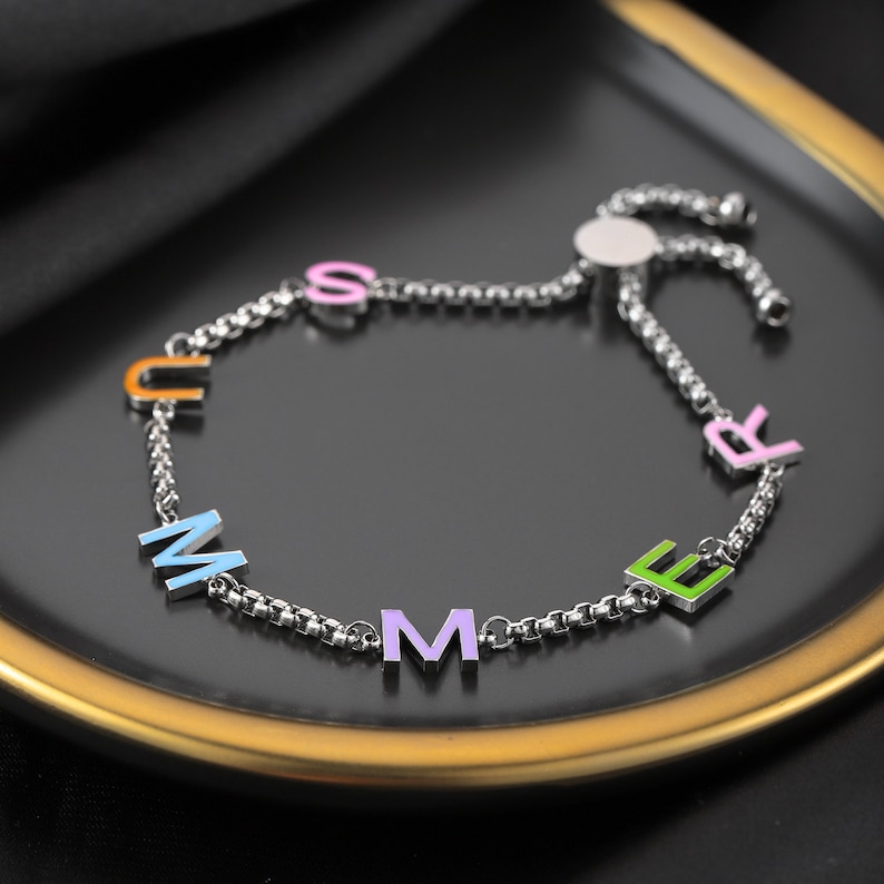 Custom Gold Name Bracelet, Enamel Initial Letter Charm, Personalized Gift image 2