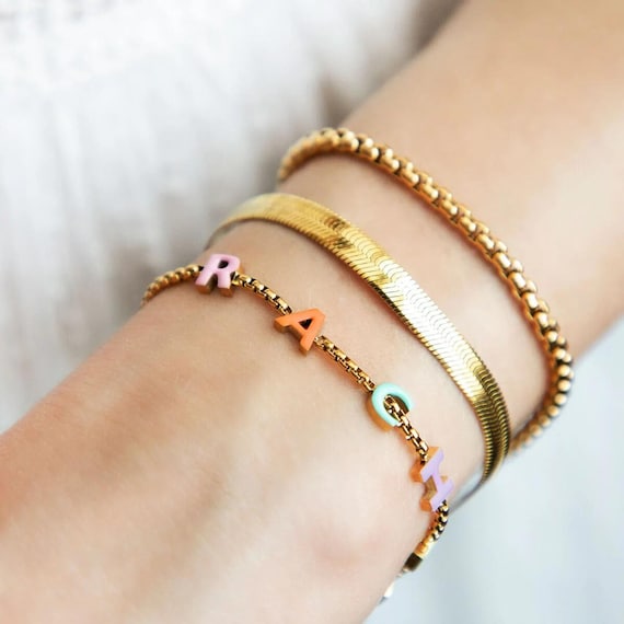 Custom Gold Name Bracelet, Enamel Initial Letter Charm, Personalized Gift